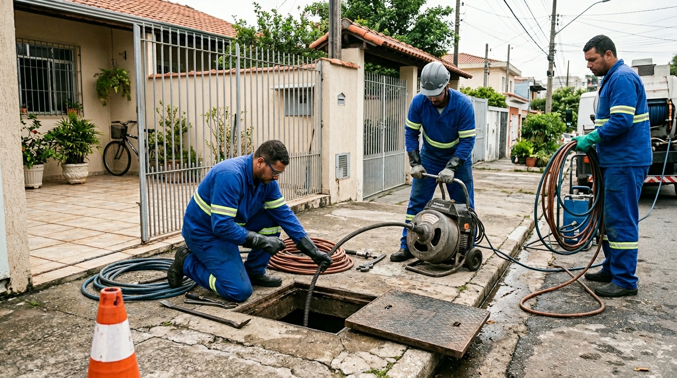 Equipe de desentupimento de esgoto em São José dos Campos-SP